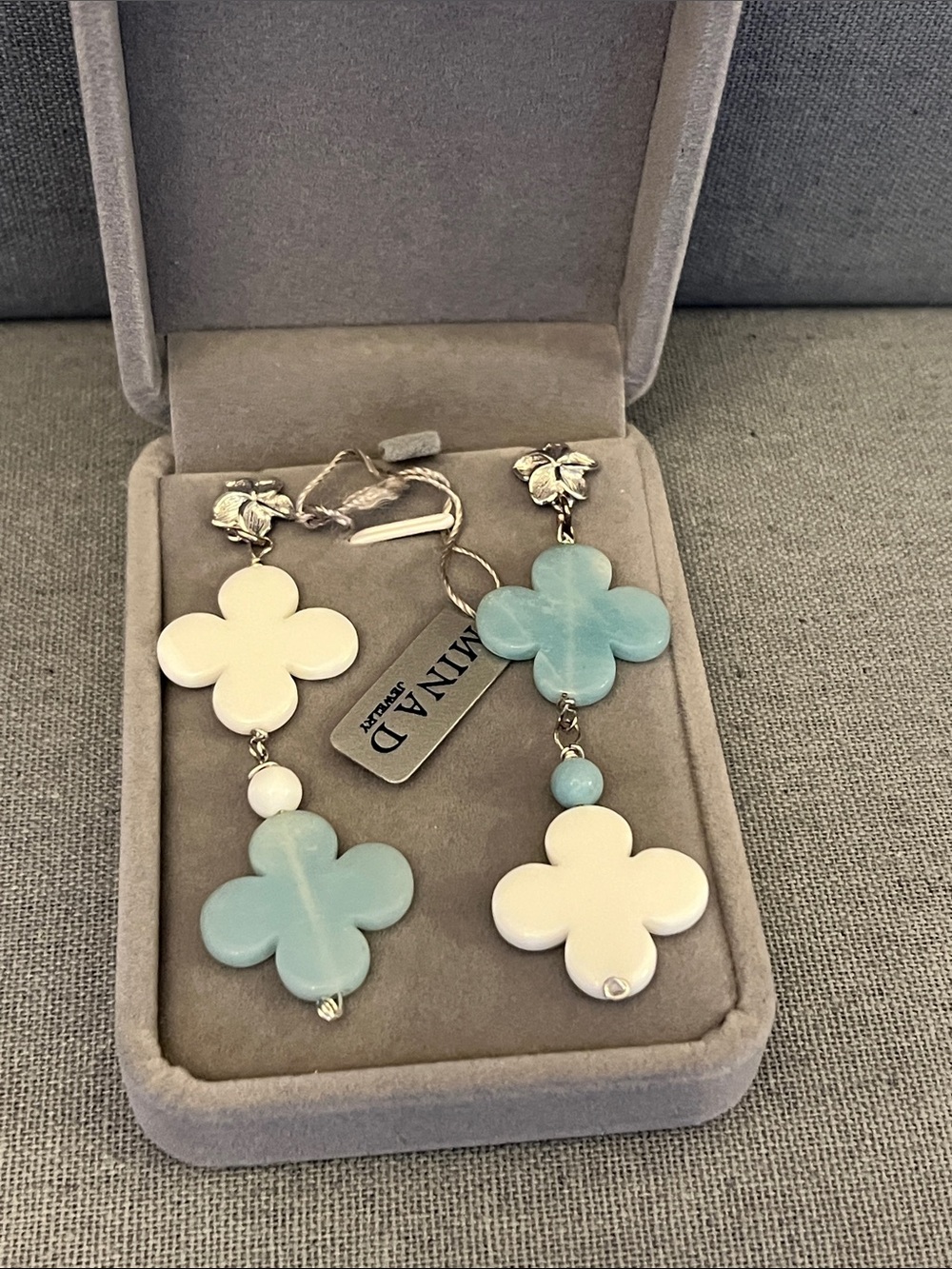 Two-Tone Clover Drop Earrings in Cream & Light Aqua